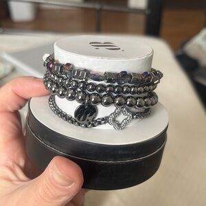Multi-Row Gunmetal Beaded Bracelet Set with Sparkle Charm - Women's Jewelry